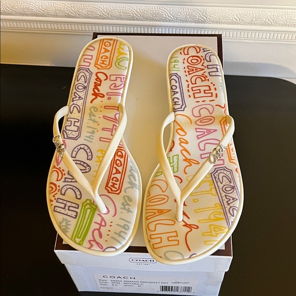 Coach White Multicolor Flip Flops with wedge . new and never worn in box size 6 - Picture 1 of 4